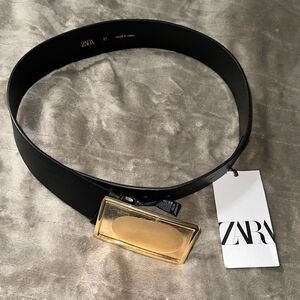 ZARA US32 85 Black Small Wide Faux Leather Belt Gold Tone Buckle